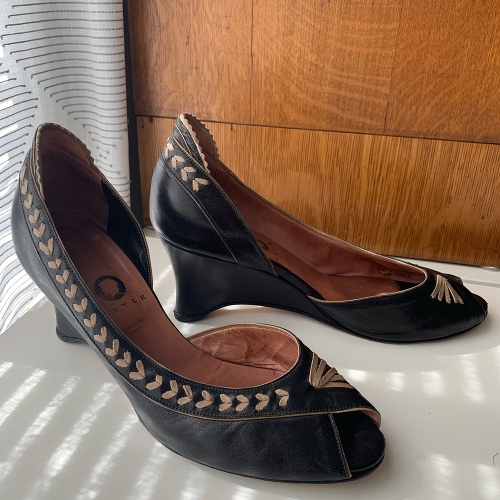 Mayle Black and Cream Wedge Heels